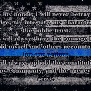 Police Officer Thin Blue Line American Flag with Oath of Honor - Spray Paint Art on Steel Metal Poster