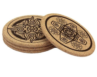 White Lotus and Element Bender Symbols - Set of 4 Cork Coasters - Subtle Nerdy Home Decor