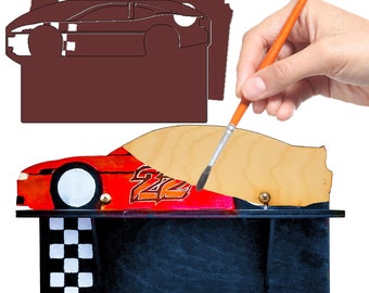 Race Car on Track STENCILS INCLUDED + How-To Video -- Paintable Wood Shelf with Hook Hangers -- Arts and Crafts Kit for Adults or Kids