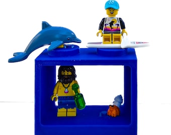 Blue Minfig Display Shelf Brick | Mount It. Display It. Build With It.  | COMPATIBLE WITH LEGO Classic Blocks & Minifigures