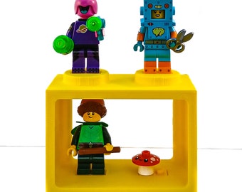 Yellow Minfig Display Shelf Brick | Mount It. Display It. Build With It. | COMPATIBLE WITH LEGO Classic Blocks & Minifigures