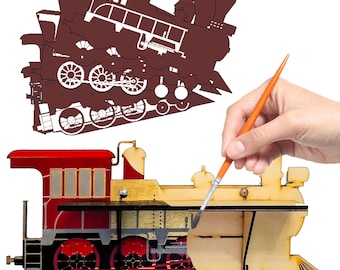 Train Engine STENCILS INCLUDED + How-To Video -- Paintable Wood Shelf with Hook Hangers -- Arts and Crafts Kit for Adults or Kids