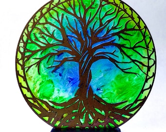 Yggdrasil Tree 11.5" Diameter Acrylic Stained Glass Window With Stand - Freestanding Decorative Suncatcher for Home or Office