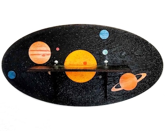 Solar System and Planets - Paint It Yourself + How-To Video - Paintable Wood Shelf with Hook Hangers - Art and Crafts Kit for Adults or Kids