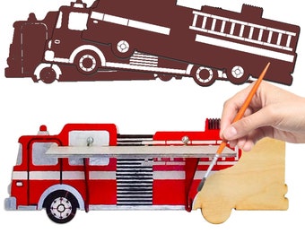 Firefighter's Firetruck STENCILS INCLUDED + How-To Video -- Paintable Wood Shelf with Hook Hangers -- Arts and Crafts Kit for Adults or Kids