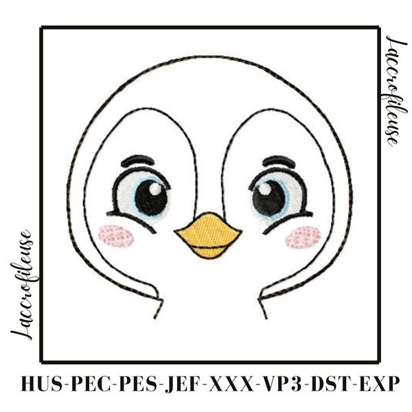 Machine embroidery - ITH with TUTO - Doudou Penguin head - 13x18 frame - 1 size - pes, pec, jef, xxx, vp3, exp, dst, hus