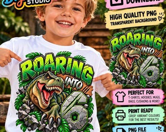 Puede incluir: Una camiseta blanca con un gráfico de un Tyrannosaurus Rex verde emergiendo de rocas y hojas tropicales, con el texto ROARING INTO 6 en una fuente con textura de piedra. El diseño incluye un número 6 grande hecho de piedra gris.