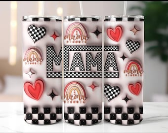 May include: Three stainless steel tumblers with a pink and white checkered pattern. The tumblers have a black and white checkered heart, a rainbow with the text "mama doodle", and the word "MAMA" in black letters.