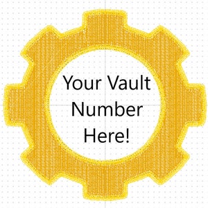 May include: A gold gear-shaped sign with the text "Your Vault Number Here!" in black.