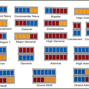 May include: A collection of military rank insignia, featuring various combinations of blue, red, and yellow rectangles. Titles include Lieutenant Navy, Commander Navy, Brigadier, High Colonel, Senior Lieutenant, Colonel, Commodore, and more.