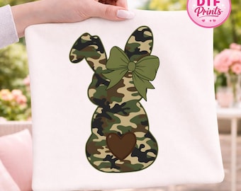 Camo Easter Bunny DTF Transfer, Coquette Rabbit Heat Press Design (Ready To Press)