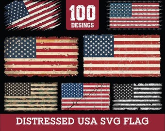 100 Distressed USA Flag SVG Bundle, Grunge Patriotic Clipart (Digital Download)