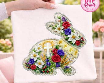Floral Bunny Easter DTF Transfer, Religious Christian Print (Ready To Press)