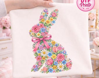 Floral Bunny DTF Transfer, Spring Easter Rabbit Shirt Graphic (Ready to Press)