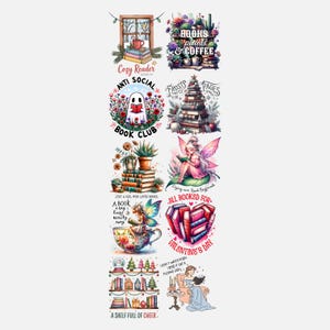May include: A series of colourful illustrations with a bookish theme. Designs include stacks of books, plants, and reading-related imagery. Text includes "Cozy Reader", "Book Club", and "All Booked For". The illustrations are suitable for book lovers and those who enjoy reading.