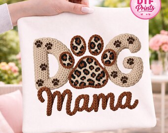 Dog Mama DTF Transfer, Knitted Leopard Paw Print, Retro Shirt Graphic (Ready To Press)
