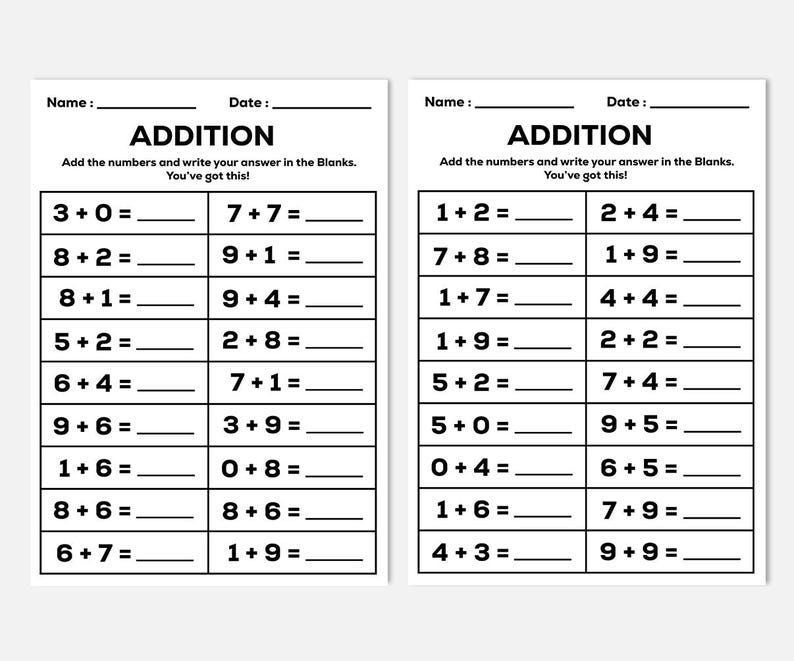 20 Addition Printable Fill in the Blanks Worksheets for Kinderarten ...