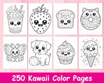 250 Kawaii Coloring Pages, Kids & Adults, Animal Food Alphabet (Digital Download)