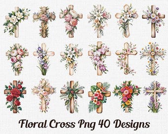 Floral Wooden Cross PNG Bundle, Watercolor Christian Clipart (Digital Download)