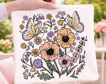 Wildflower Butterfly DTF Transfer, Floral Graphic, Spring Botanical Apparel (Ready To Press)