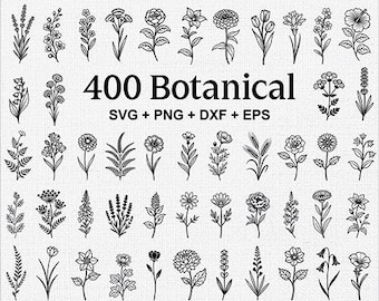 Paquete de 400 SVG botánicos, archivos de corte de flores y hojas dibujados a mano, flores silvestres estilo doodle para Cricut, SVG, PNG, DXF, flores botánicas SVG