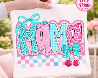 Retro Mama Leopard Cherry DTF Transfer, Pink Blue Gingham Shirt Graphic (Ready To Press)
