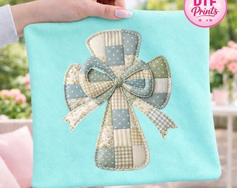 Patchwork Cross DTF Transfer, Quilted Faith Graphic Tee (Ready To Press)
