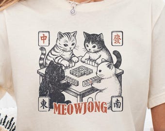 Meowjong Bella Canvas 3001 shirt, cats playing Mahjong outfit, vintage Chinese tile game gift, Mah Jong player present, cat mom tee