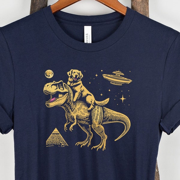 Golden retriever riding t-rex shirt, motherly dog shirt, dog parental gift, fatherly dog shirt, originality shirt, animated dinosaur