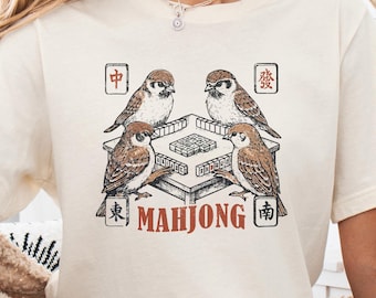 Sparrows playing Mahjong Bella Canvas 3001 shirt, vintage Chinese gaming gift, funny Mah Jong bird lover tee, retro Asian style outfit