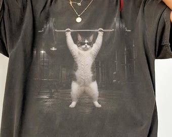 Cat with sunglasses lifting weights Comfort Colors shirt, gym lover cat mom tee, cat dad workout top, cat person gift, weight lifter present