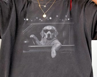 Golden Retriever driving Comfort Colors shirt, grungy dog mom outfit, funny dog meme tee, dog person gift, dog dad present, odd humor top