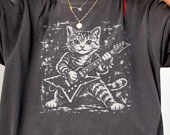Cat playing guitar Comfort Colors shirt, rock and roll lover tee, heavy metal concert top, gift for guitarist, rock band boyfriend outfit