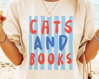 Cats and books striped Comfort Colors shirt, bookish cat mom tee, gift for readers, cat person present, trendy summer outfit, kitty top