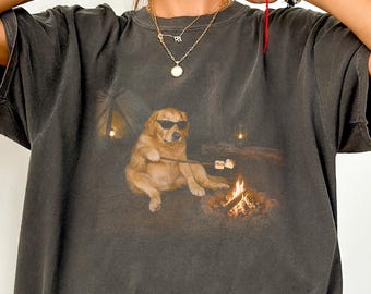 Golden Retriever camping Comfort Colors shirt, nature lover tee, outdoor person gift, dog mom outfit, dog dad present, forestcore top