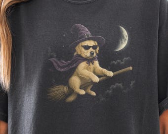 Golden retriever witch on a broom stick Comfort Colors shirt, Halloween dog mom tee, trick or treating outfit, funny dog lover gift
