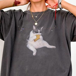 May include: A charcoal gray short-sleeve t-shirt featuring a graphic print of a white and gray cat wearing black sunglasses and holding a taco. The shirt has a crew neckline and a relaxed fit. A small circular label in the corner reads Pepper.