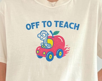 Off to teach Comfort Colors shirt, bookworm teacher driving apple car tee, elementary school teacher outfit, gift for tutors and aids