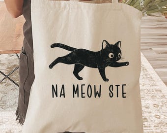 Nameowste cotton tote bag, black cat doing bird dog yoga pose carryall, gift for cat and yoga lover, fitness person shoulder bag, yogi gift