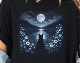 Cat watching the moon at the lake Comfort Colors 1717 shirt, vintage floral cat outfit, cat person gift, retro ysk bootleg kitty tee