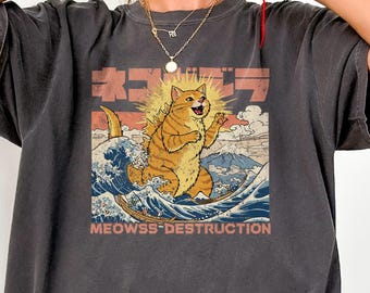 Catzilla Comfort Colors Shirt, ukiyo-e style Japanese cat monster tee, retro vintage cat owner gift, great wave of kanagawa outfit