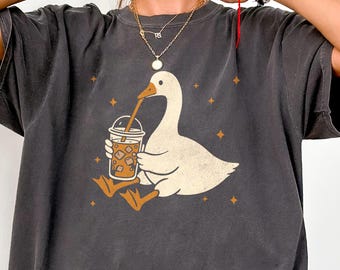Silly goose drinking iced coffee Comfort Colors shirt, funny bird meme tee, coffee lover gift, cottagecore wild life top, bird lover tee