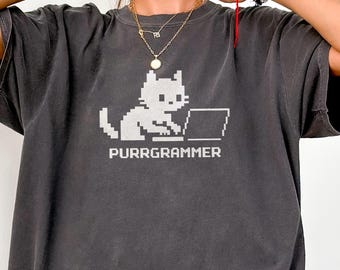 Purrgrammer Comfort Colors shirt, programming humor tee, software engineer gift, 8bit cat person outfit, cat mom developer outfit