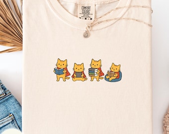4 cats with books Comfort Colors shirt, bookish cat mom tee, reader gift, cat person present, bookworm kitty cat outfit, librarian top,