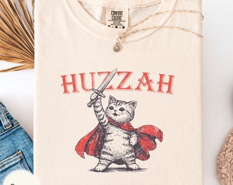 Huzzah cat knight raising sword Comfort Colors 1717 shirt, gift for cat person, board game lover outfit, rpg saying tee, retro vintage top