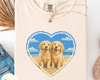 2 Golden Retriever puppies at the beach Comfort Colors shirt, new dog owner gift, cute heart design outfit, dog mom summer clothing