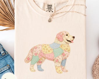 FAUX patchwork Golden Retriever Comfort colors shirt, Grandmacore dog mom outfit, gift for new dog owner, cottage core dog lover tee