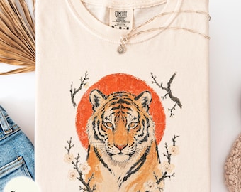 Japanese tiger with plum blossom flower Comfort Colors shirt, tiger lover gift, retro wild cat tee, ukiyo-e style outfit, Japan vacation top