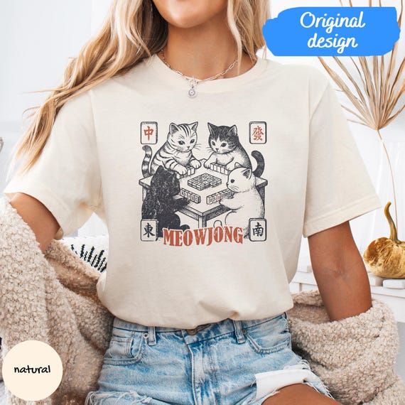 Meowjong Bella Canvas 3001 shirt, cats playing Mahjong outfit, vintage Chinese tile game gift, Mah Jong player present, cat mom tee