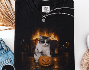 Cat carving a pumpkin Comfort Colors shirt, unhinged Halloween cat mom tee, cat dad present, trick or treating outfit, cat lady tee